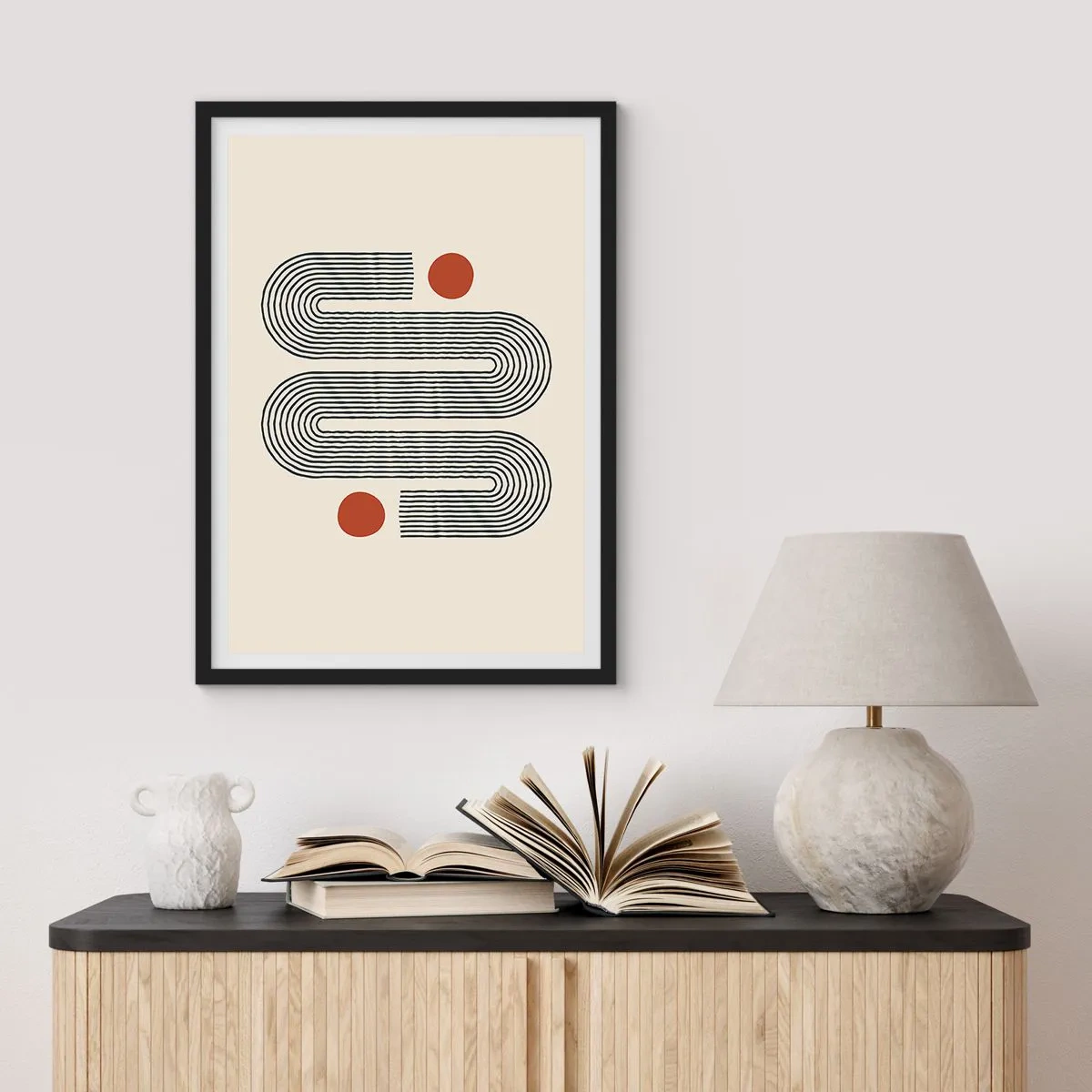 Affiche dans un cadre noir - Poster - Motif géométrique avec des lignes et des cercles rouges - 50x70cm - Du début à la fin - Décoration murale moderne pour le salon et la chambre ARTTOR