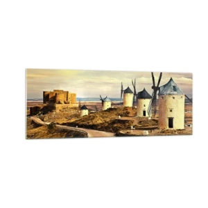 Impression sur verre - Image sur verre - Moulins à vent sur les collines avec un château historique en arrière-plan - 140x50cm - Don Quichotte est sur le point d'arriver - Décoration murale moderne pour le salon et la chambre ARTTOR