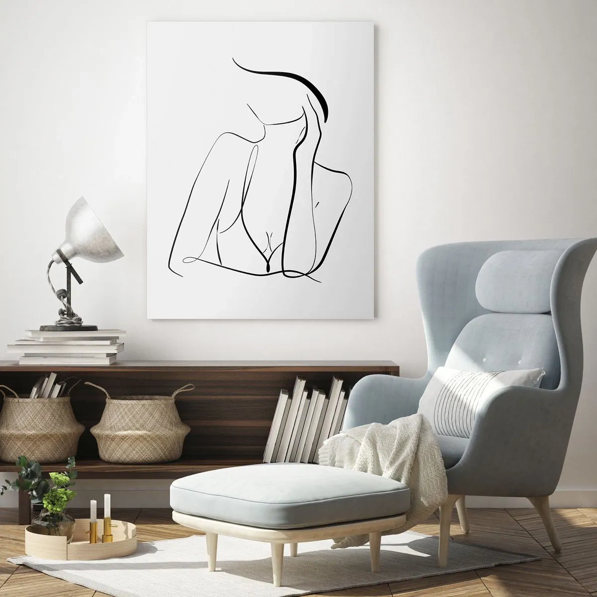 Impression sur verre - Image sur verre - Un croquis délicat d'une silhouette féminine dans un style minimaliste - 80x120cm - Sur les vague d'un rêve - Décoration murale moderne pour le salon et la chambre ARTTOR