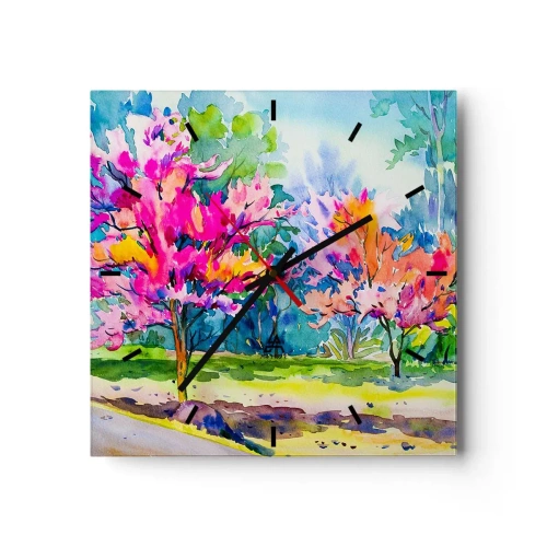 Horloge murale - Pendule murale - Arbres colorés dans un parc dans un style aquarelle - 30x30cm - Jardin arc-en-ciel à la lumière du printemps - Décoration murale moderne pour le salon et la chambre ARTTOR