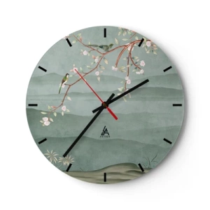 Horloge murale - Pendule murale - Une branche avec des fleurs et des oiseaux sur un fond de collines verdoyantes - 30x30cm - Printemps oh c'est toi - Décoration murale moderne pour le salon, la cuisine et la chambre ARTTOR