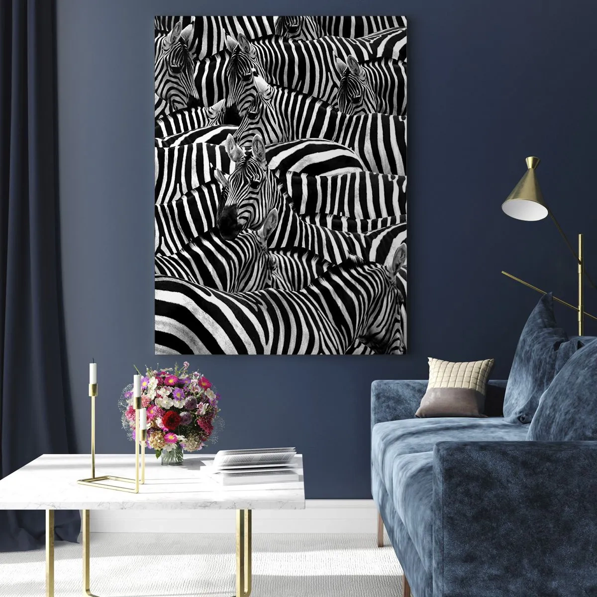 Impression sur verre - Image sur verre - Un troupeau de zèbres en monochrome - 50x70cm - Portrait collectif à rayures - Décoration murale moderne pour le salon et la chambre ARTTOR
