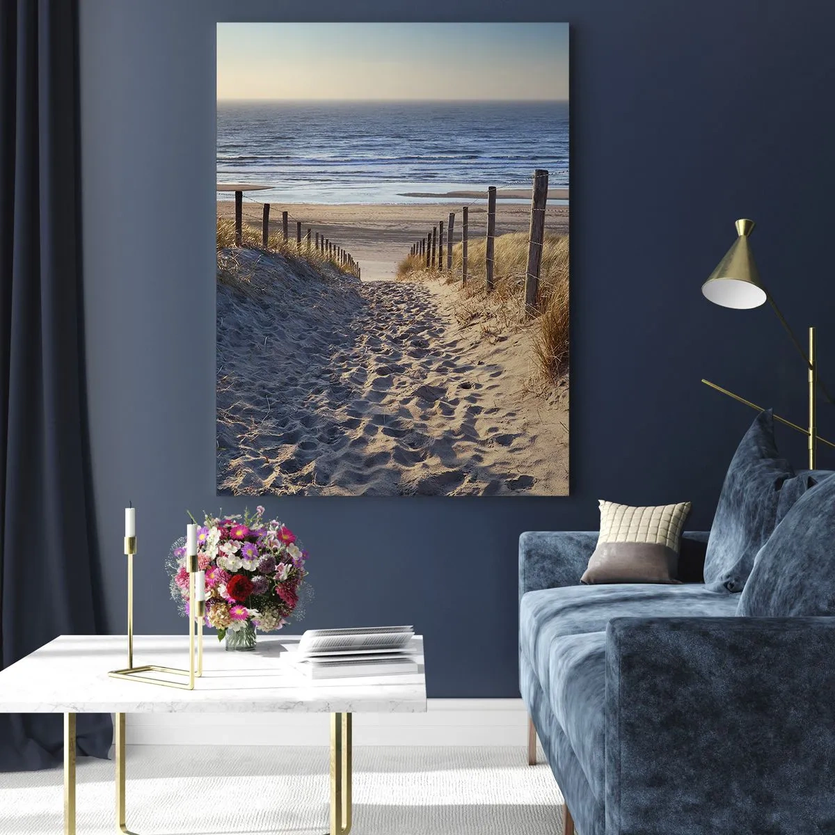 Impression sur verre - Image sur verre - Chemin à travers les dunes menant à la plage - 80x120cm - Le bruit de la mer, le chant des oiseaux, une plage sauvage parmi les herbes… - Décoration murale moderne pour le salon et la chambre ARTTOR