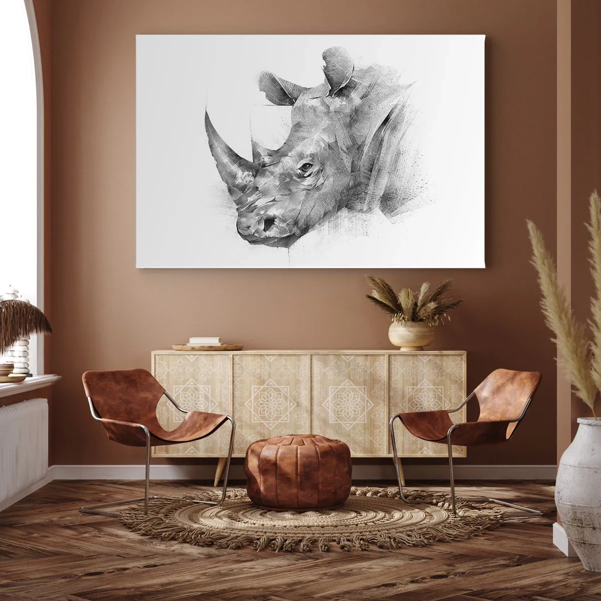 Impression sur toile - Image sur toile - Portrait artistique d'un rhinocéros en noir et blanc - 70x50cm - Potrait africain - Décoration murale moderne pour le salon et la chambre ARTTOR