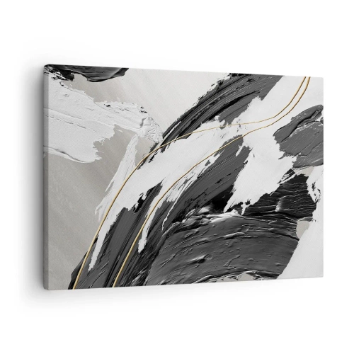 Impression sur toile - Image sur toile - Coups de pinceau noirs et blancs avec une subtile touche dorée - 70x50cm - L'abstraction à grande échelle - Décoration murale moderne pour le salon et la chambre ARTTOR