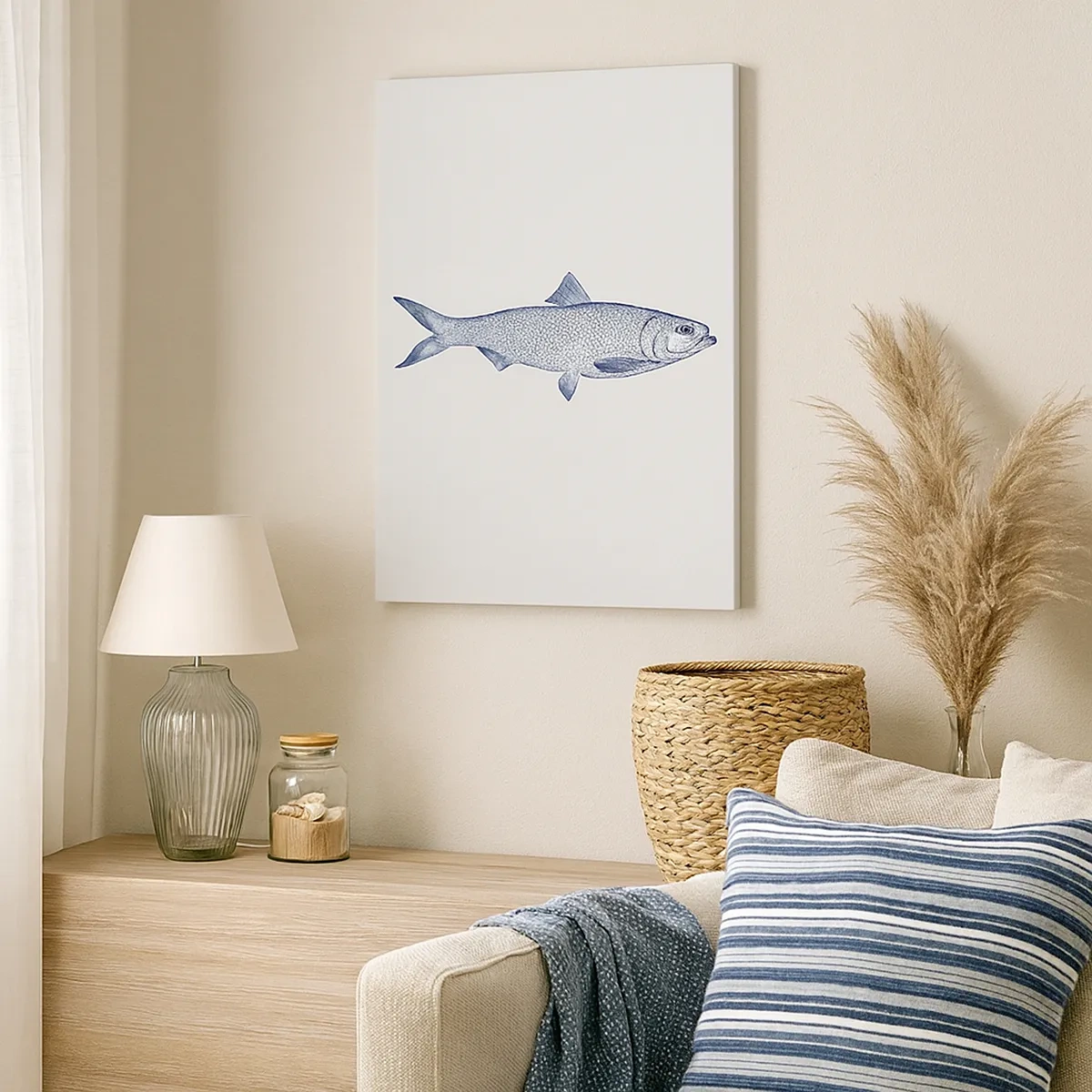 Impression sur toile - Image sur toile - Illustration d'un poisson dans des tons de bleu sur fond clair - 50x70cm - Salutations des mers du nord - Décoration murale moderne pour le salon et la chambre ARTTOR