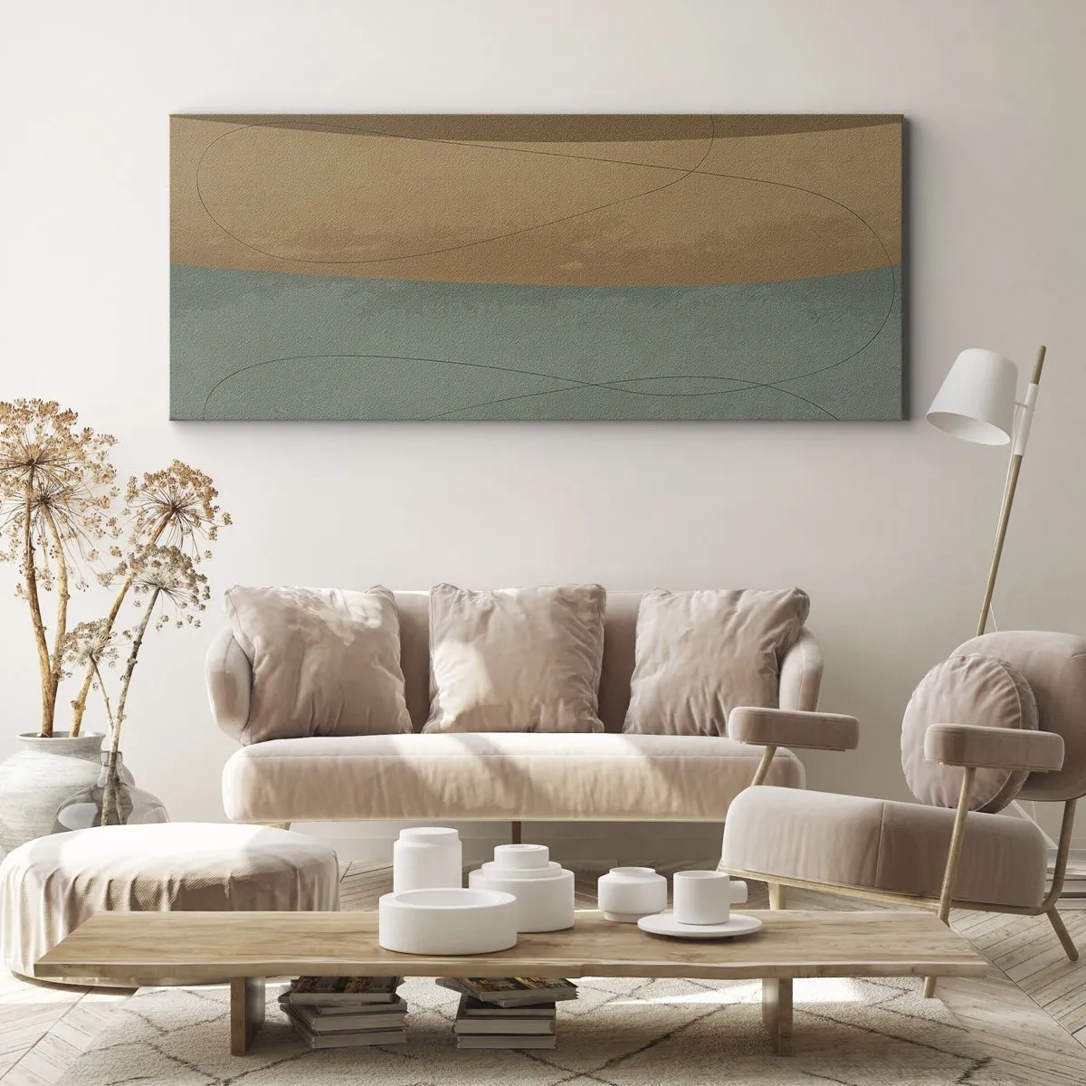 Impression sur toile - Image sur toile - Composition abstraite dans des tons de terre naturels - 140x50cm - Composition horizontale - Décoration murale moderne pour le salon et la chambre ARTTOR