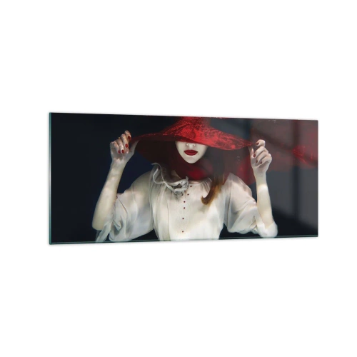 Impression sur verre - Image sur verre - Une femme avec un chapeau rouge immergée dans l'eau - 120x50cm - Femme mystérieuse - Décoration murale moderne pour le salon et la chambre ARTTOR