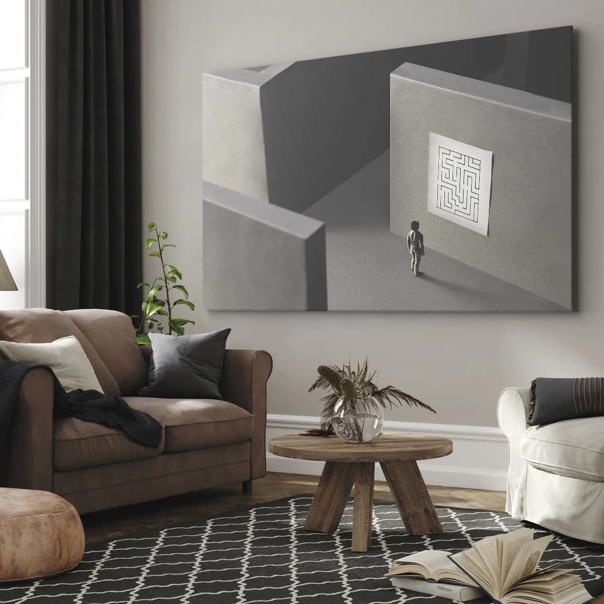 Impression sur toile - Image sur toile - Une figure dans un labyrinthe regardant une carte suspendue - 70x50cm - Mais où suis-je? - Décoration murale moderne pour le salon et la chambre ARTTOR
