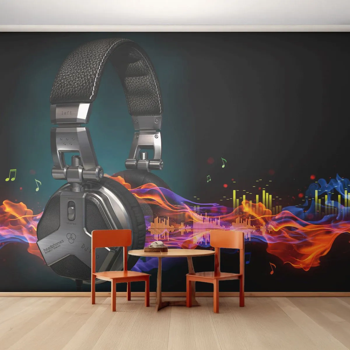 Papier Peint Photo Premium Sand - Dans le feu de la musique - Abstraction, Musique, Écouteurs - 100x70 cm