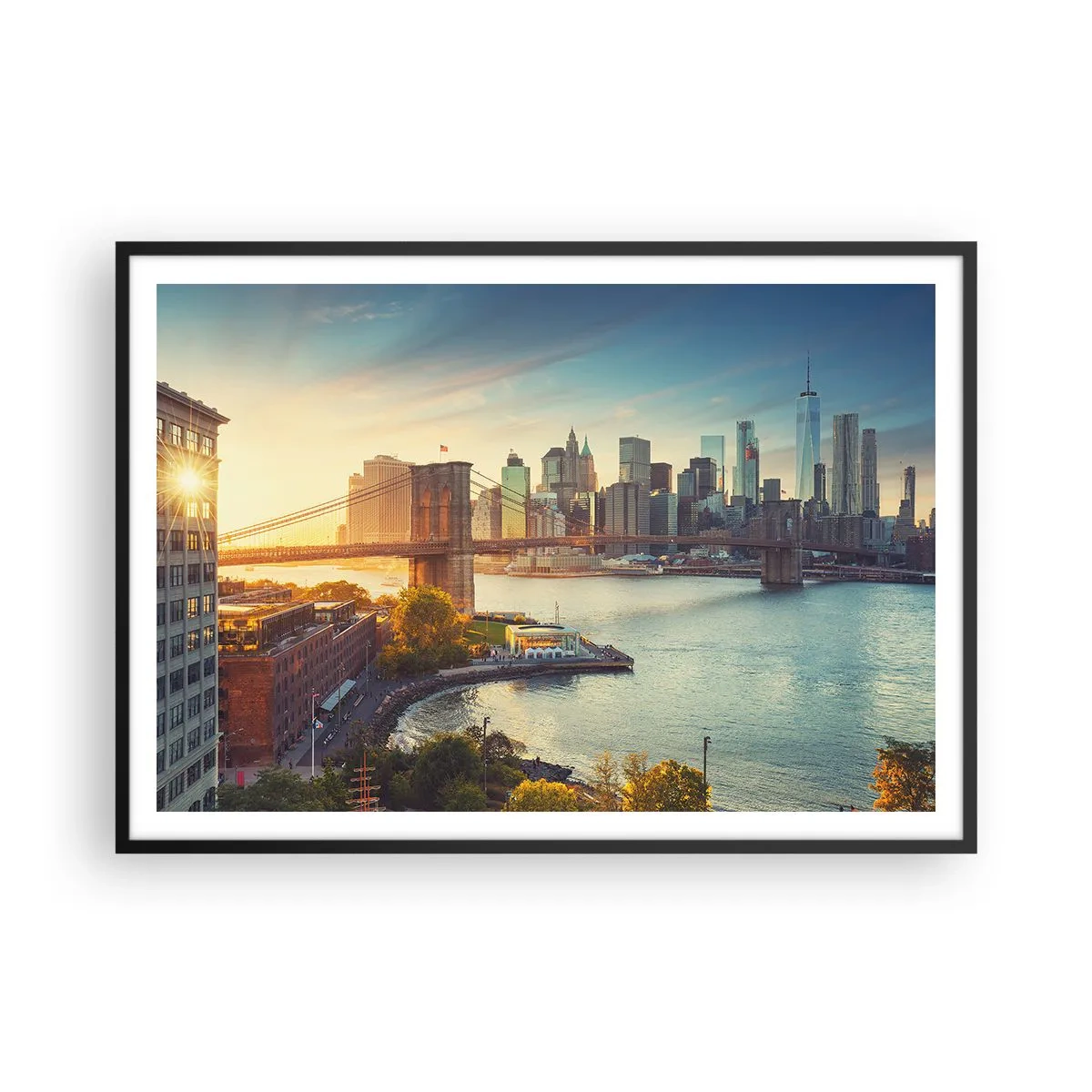 Affiche dans un cadre noir - Poster - Panorama de la ville avec le pont au coucher du soleil - 100x70cm - L'aube de la grande ville - Décoration murale moderne pour le salon et la chambre ARTTOR
