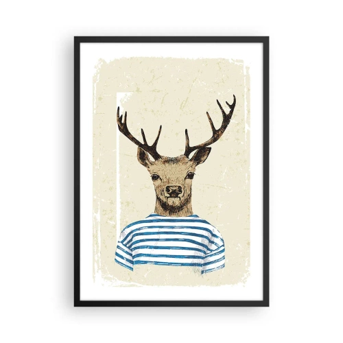 Affiche dans un cadre noir - Poster - Graphique d'un cerf en tenue de marin - 50x70cm - Parce que j'aime les chemises rayées - Décoration murale moderne pour le salon et la chambre ARTTOR