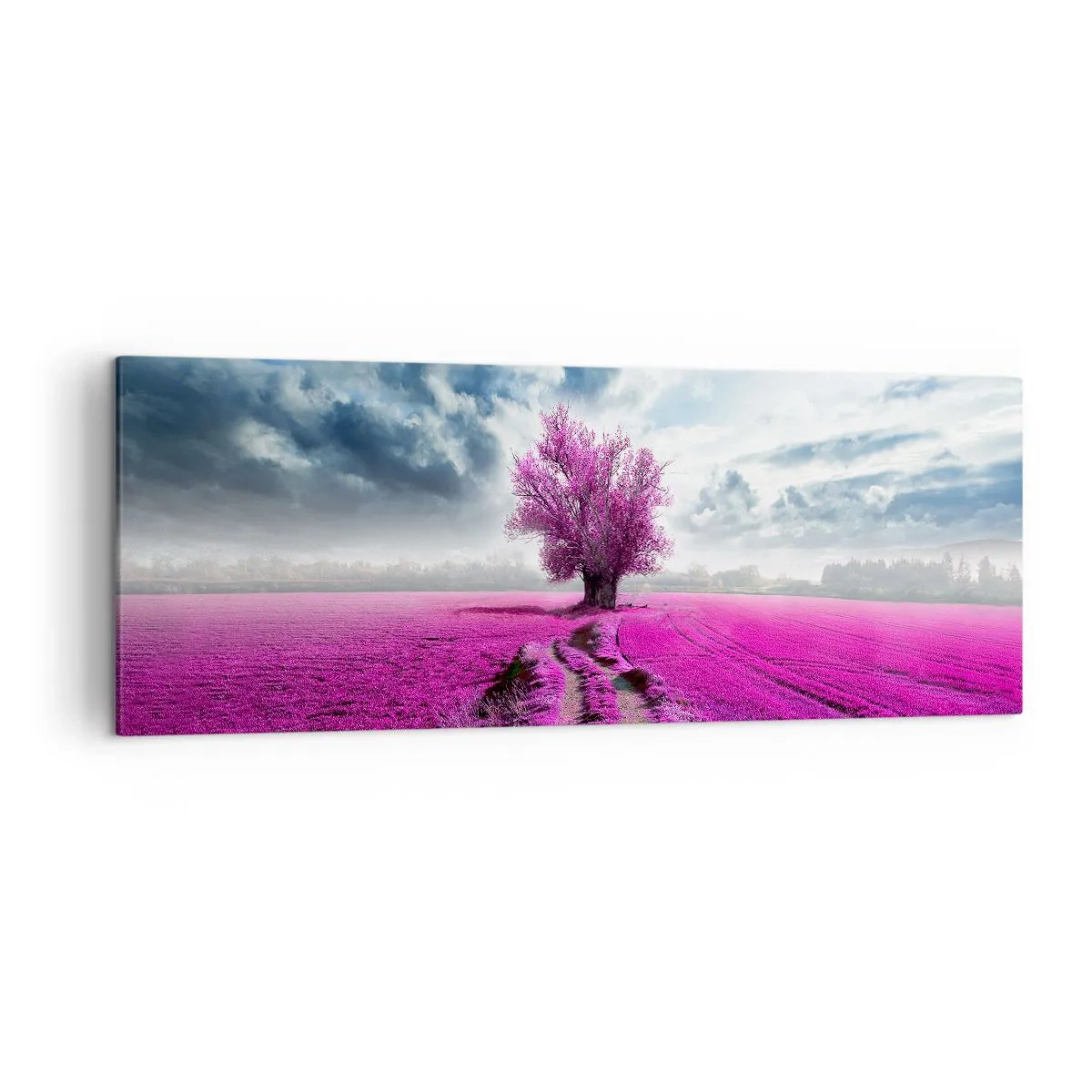 Impression sur toile - Image sur toile - Un arbre solitaire dans un champ dans une nuance de rose intense - 140x50cm - Lande - nature sauvage - Décoration murale moderne pour le salon et la chambre ARTTOR