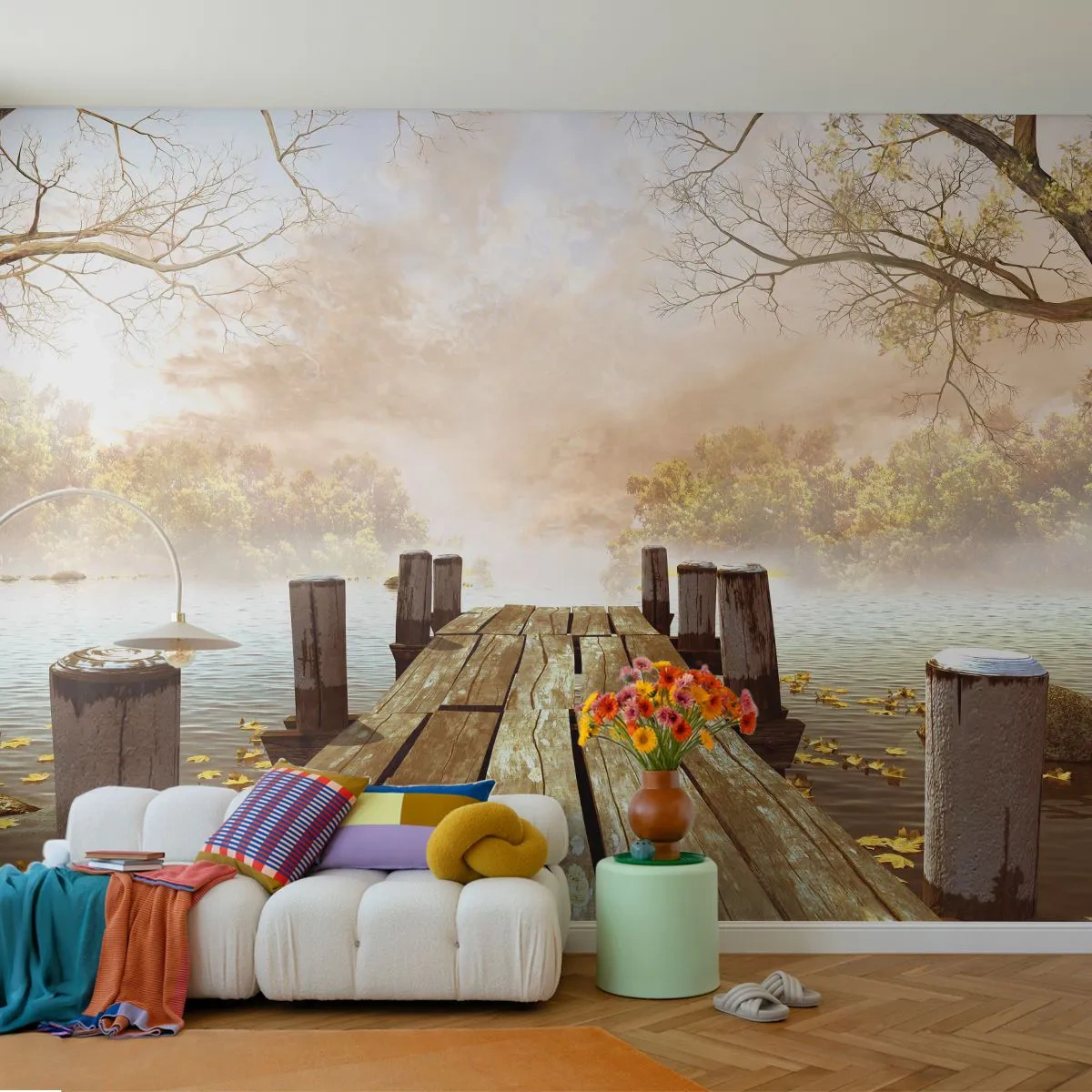 Papier Peint Autocollant Deluxe Sticker - La douce tristesse de l'automne - Paysage, Lac, Pont de bois - 250x175 cm