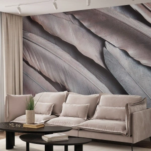 Papier Peint Photo Standard Eco - En argent rose - Plume oiseau, Graphique, Bohème - 200x140 cm