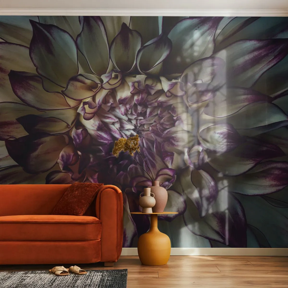 Papier Peint Photo Premium Sand - L'apogée de la jeunesse - Fleurs, Dahlia, Fleur épanouie - 350x256 cm