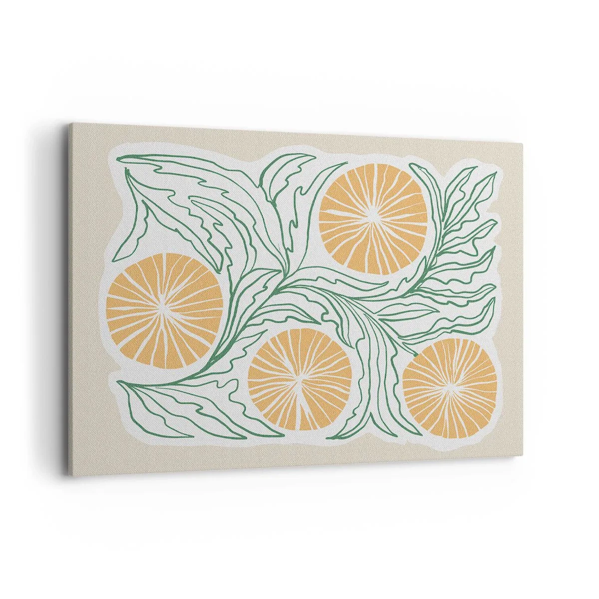 Impression sur toile - Image sur toile - Un motif orange minimaliste avec des feuilles vertes - 100x70cm - Ethnique avec une pointe d'abstraction - Décoration murale moderne pour le salon et la chambre ARTTOR