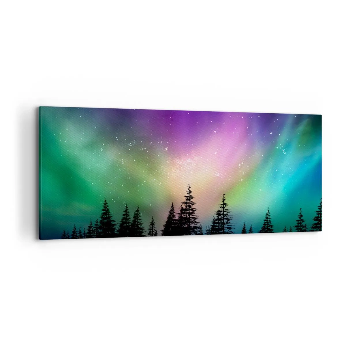 Impression sur toile - Image sur toile - Aurore boréale au-dessus d'une forêt avec un ciel étoilé - 120x50cm - Magie blanche - Décoration murale moderne pour le salon et la chambre ARTTOR