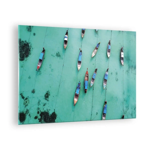 Impression sur verre - Image sur verre - Bateaux sur l'eau turquoise vus d'en haut - 70x50cm - Dans une attente jouyeuse - Décoration murale moderne pour le salon et la chambre ARTTOR