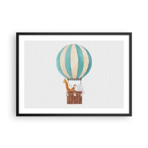 Affiche dans un cadre noir - Poster - Un ballon avec des animaux mignons aux couleurs pastel - 70x50cm - Voyage fantastique - Décoration murale moderne pour le salon et la chambre ARTTOR