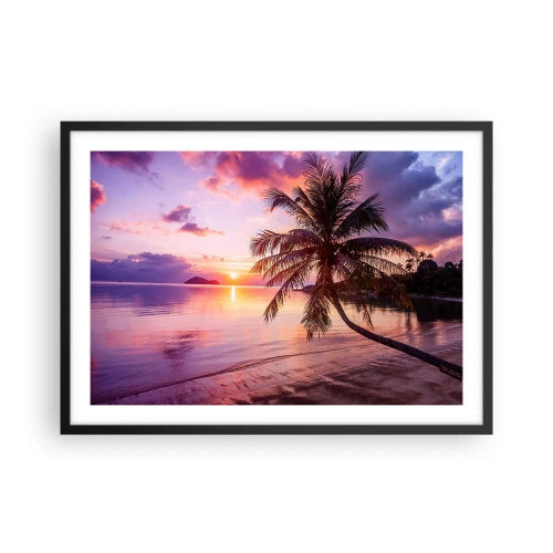 Affiche dans un cadre noir - Poster - Plage tropicale avec palmier au coucher du soleil - 70x50cm - Le bonheur à l'horizon - Décoration murale moderne pour le salon et la chambre ARTTOR