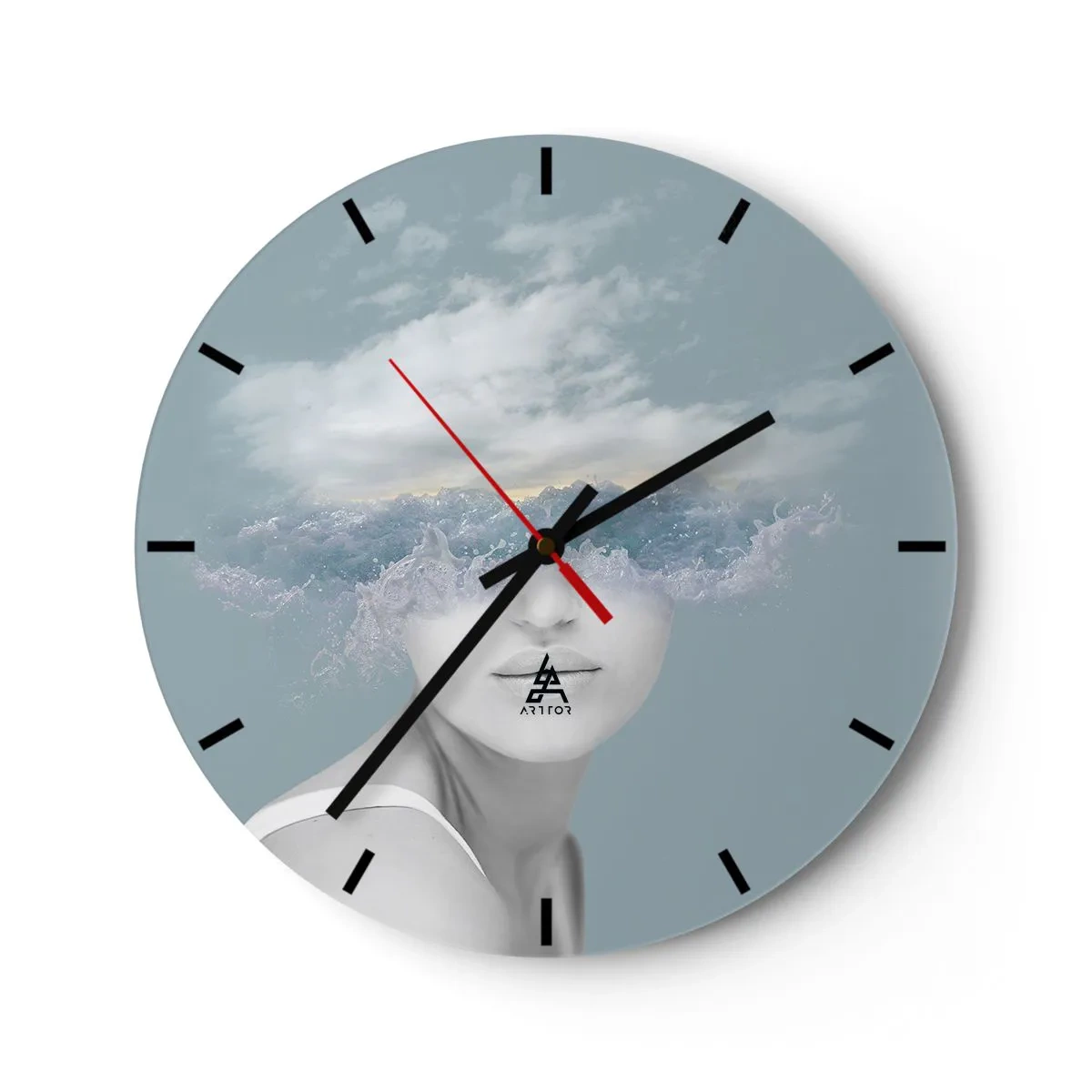 Horloge murale - Pendule murale - Portrait d'une femme avec des vagues et des nuages pour les yeux. - 30x30cm - La tête dans les nuages - Décoration murale moderne pour le salon, la cuisine et la chambre ARTTOR
