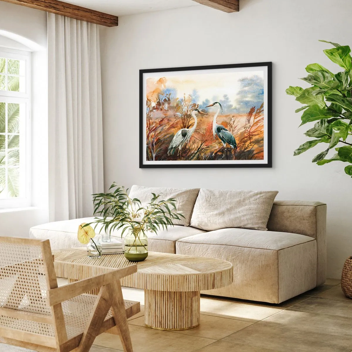 Affiche dans un cadre noir - Poster - Deux hérons sur fond de paysage d'automne - 70x50cm - Jusqu'où en automne ? - Décoration murale moderne pour le salon et la chambre ARTTOR