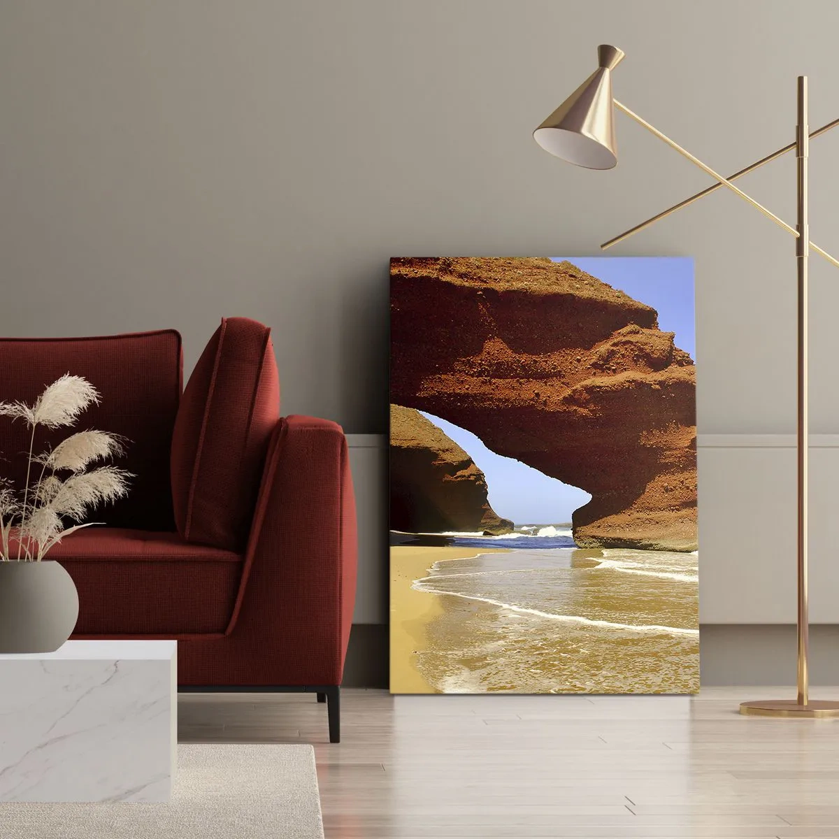 Impression sur toile - Image sur toile - Une arche rocheuse naturelle sur une plage avec un ciel bleu et des vagues - 70x100cm - L'eau et le vent depuis des milliers d'années - Décoration murale moderne pour le salon et la chambre ARTTOR