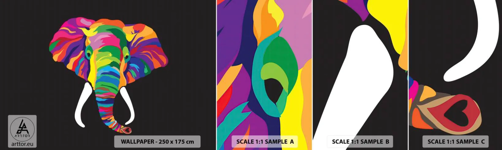 Échantillon de Papier Peint Autocollant Deluxe Sticker - L'éléphant qui aimait se baigner dans un arc-en-ciel - Animaux, Éléphant, Image colorée - 100x30 cm