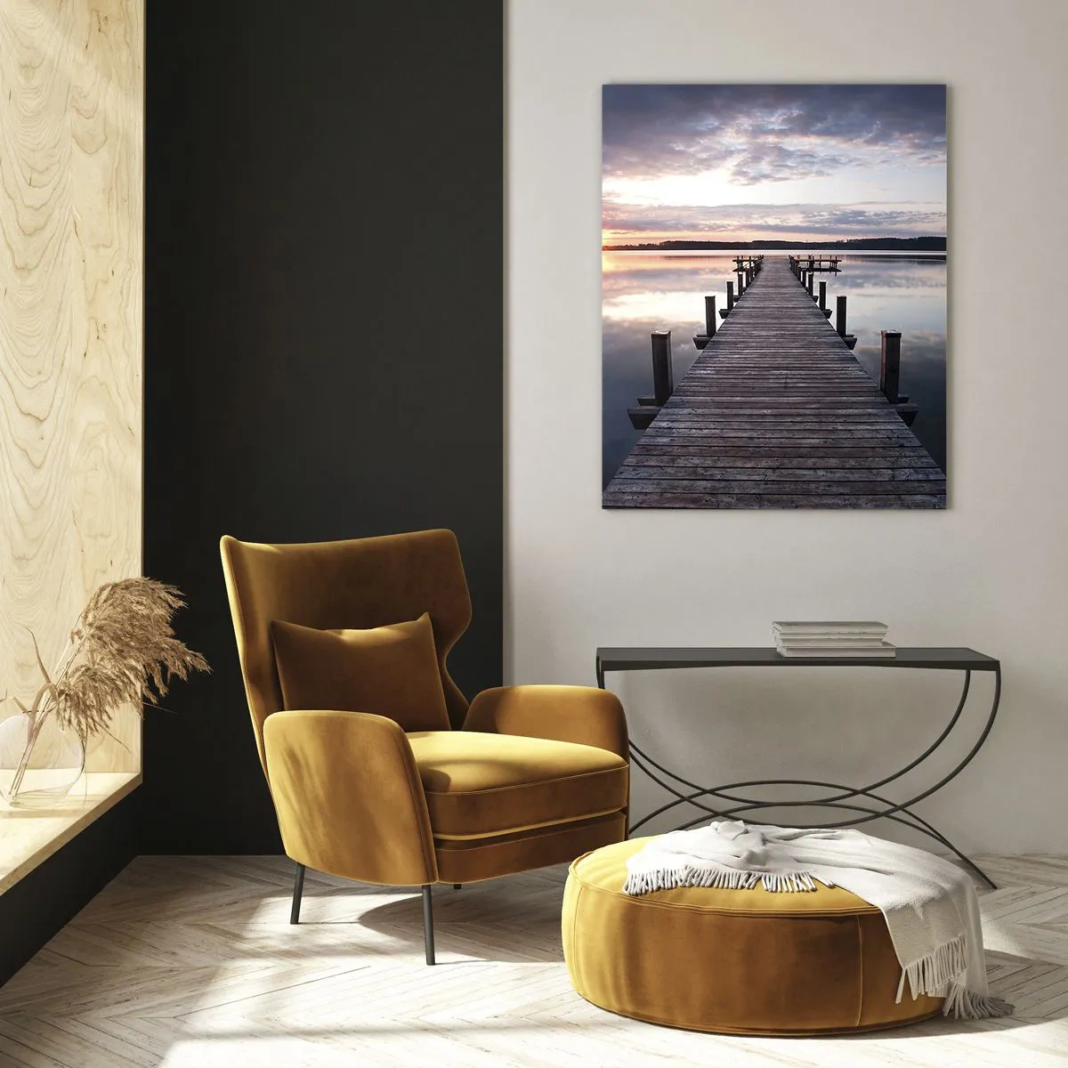 Impression sur verre - Image sur verre - Une jetée sur un lac au coucher du soleil dans un paysage paisible - 70x100cm - Une frontière tranquille entre le jour et la nuit - Décoration murale moderne pour le salon et la chambre ARTTOR
