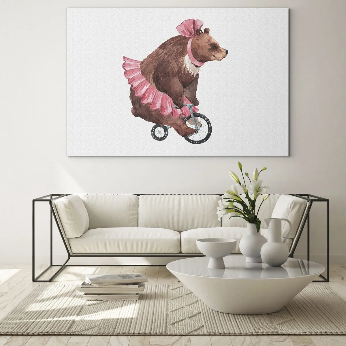 Impression sur verre - Image sur verre - Un ours en jupe rose sur un monocycle - 70x50cm - Quel cirque ! - Décoration murale moderne pour le salon et la chambre ARTTOR