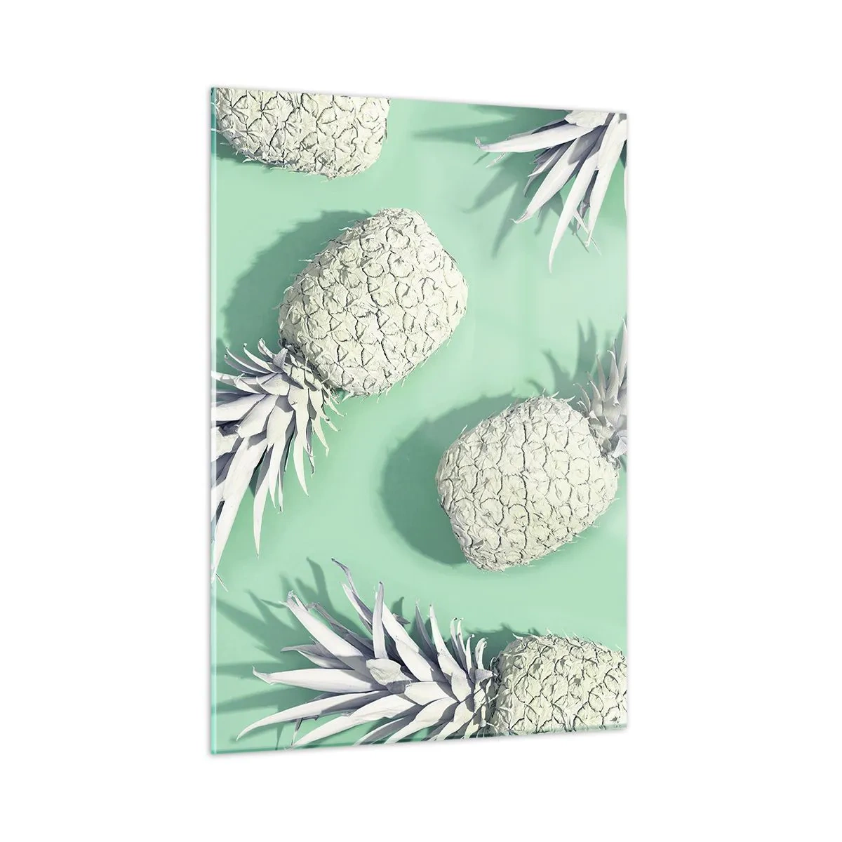 Impression sur verre - Image sur verre - Ananas blancs sur fond menthe dans une composition artistique - 50x70cm - Ils se combinent très bien avec la menthe - Décoration murale moderne pour le salon et la chambre ARTTOR