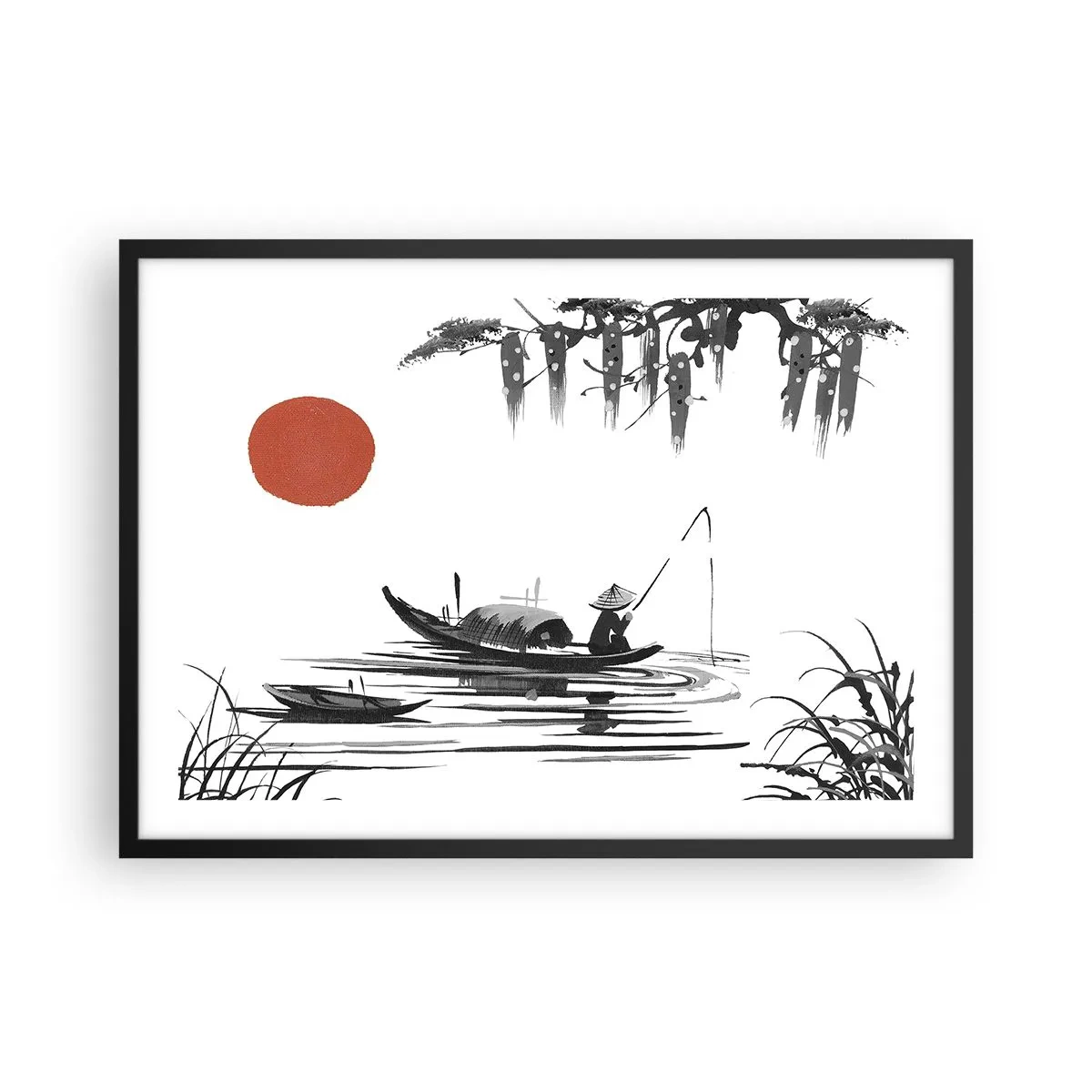 Affiche dans un cadre noir - Poster - Paysage oriental avec un pêcheur sur un bateau et un soleil rouge - 70x50cm - Après-midi asiatique - Décoration murale moderne pour le salon et la chambre ARTTOR