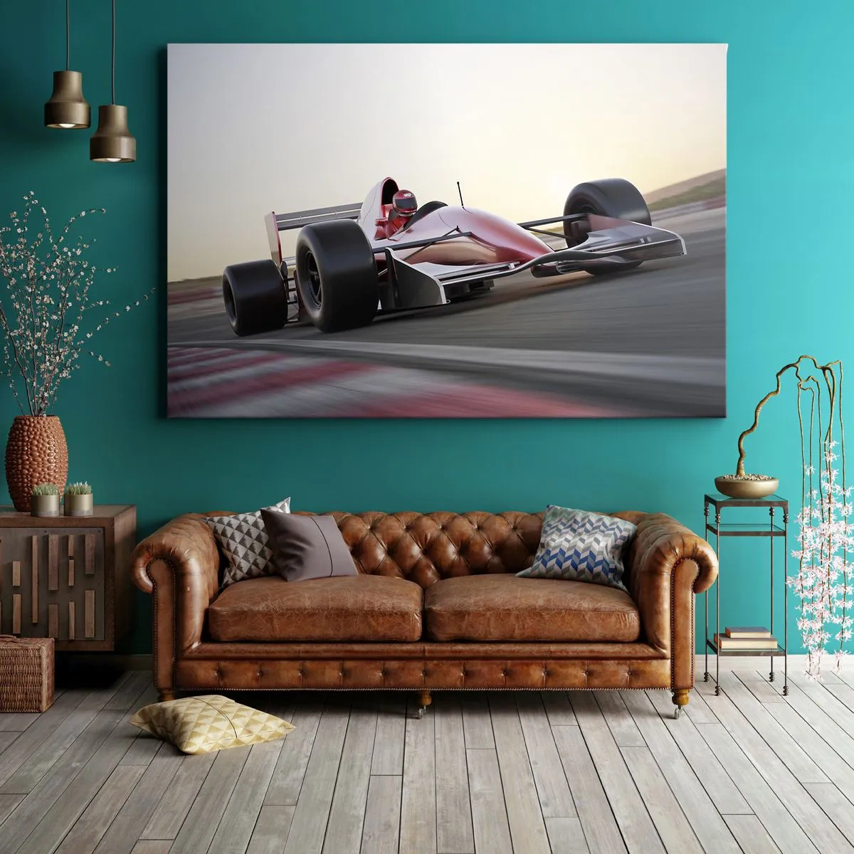 Impression sur toile - Image sur toile - Une voiture de Formule 1 rouge sur une piste de course en conduisant - 70x50cm - Toujours gagnant - Décoration murale moderne pour le salon et la chambre ARTTOR