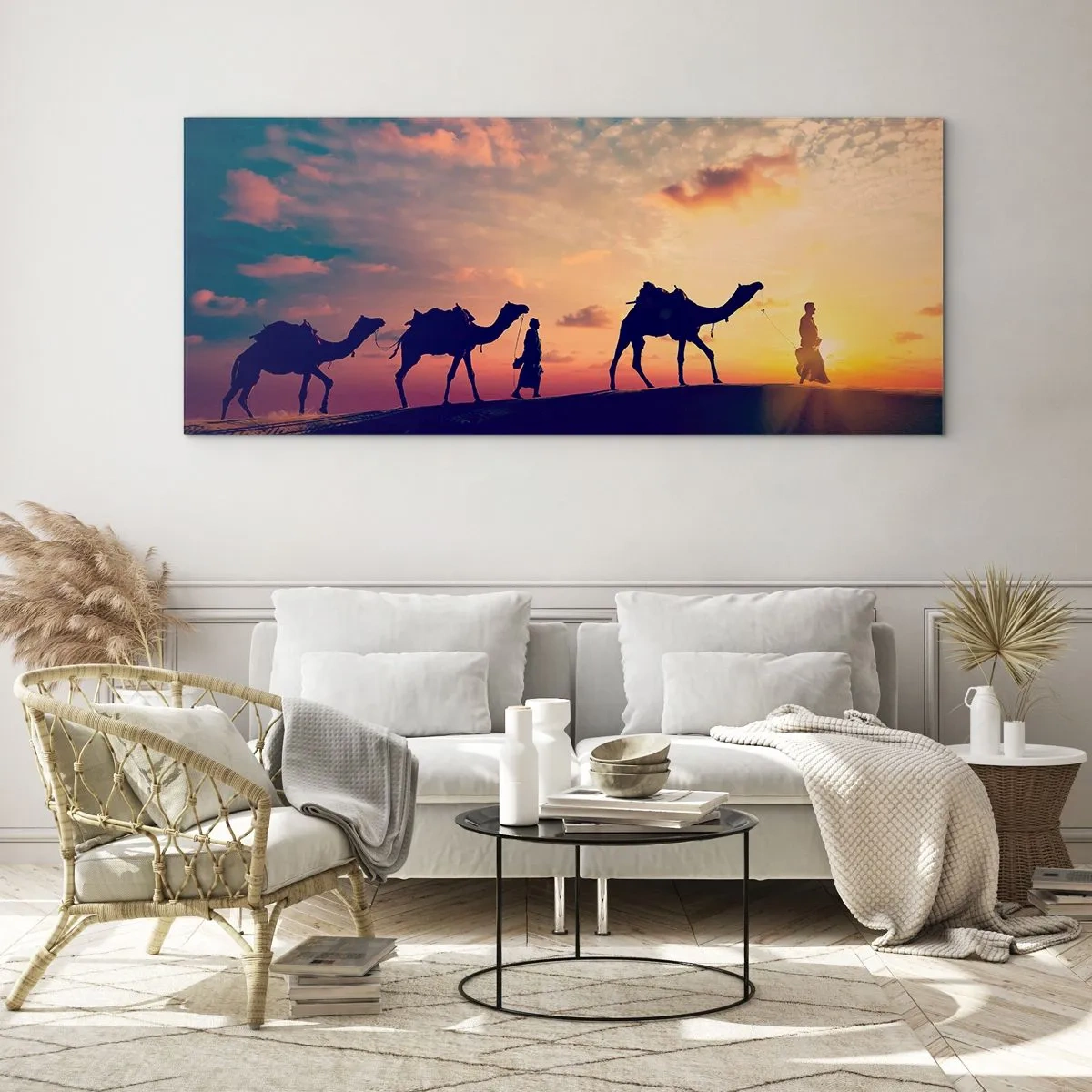 Impression sur verre - Image sur verre - Une caravane de chameaux errant dans le désert au coucher du soleil - 160x50cm - L'esprit mystérieux de l'Orient - Décoration murale moderne pour le salon et la chambre ARTTOR