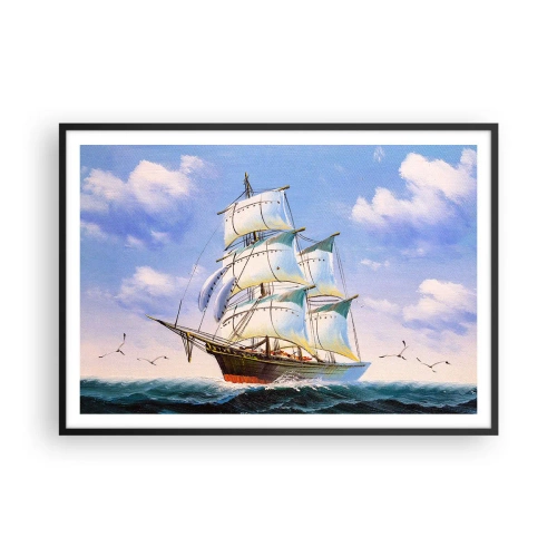 Affiche dans un cadre noir - Poster - Un voilier en pleine mer sous un ciel bleu - 100x70cm - Fièrement avec le vent - Décoration murale moderne pour le salon et la chambre ARTTOR