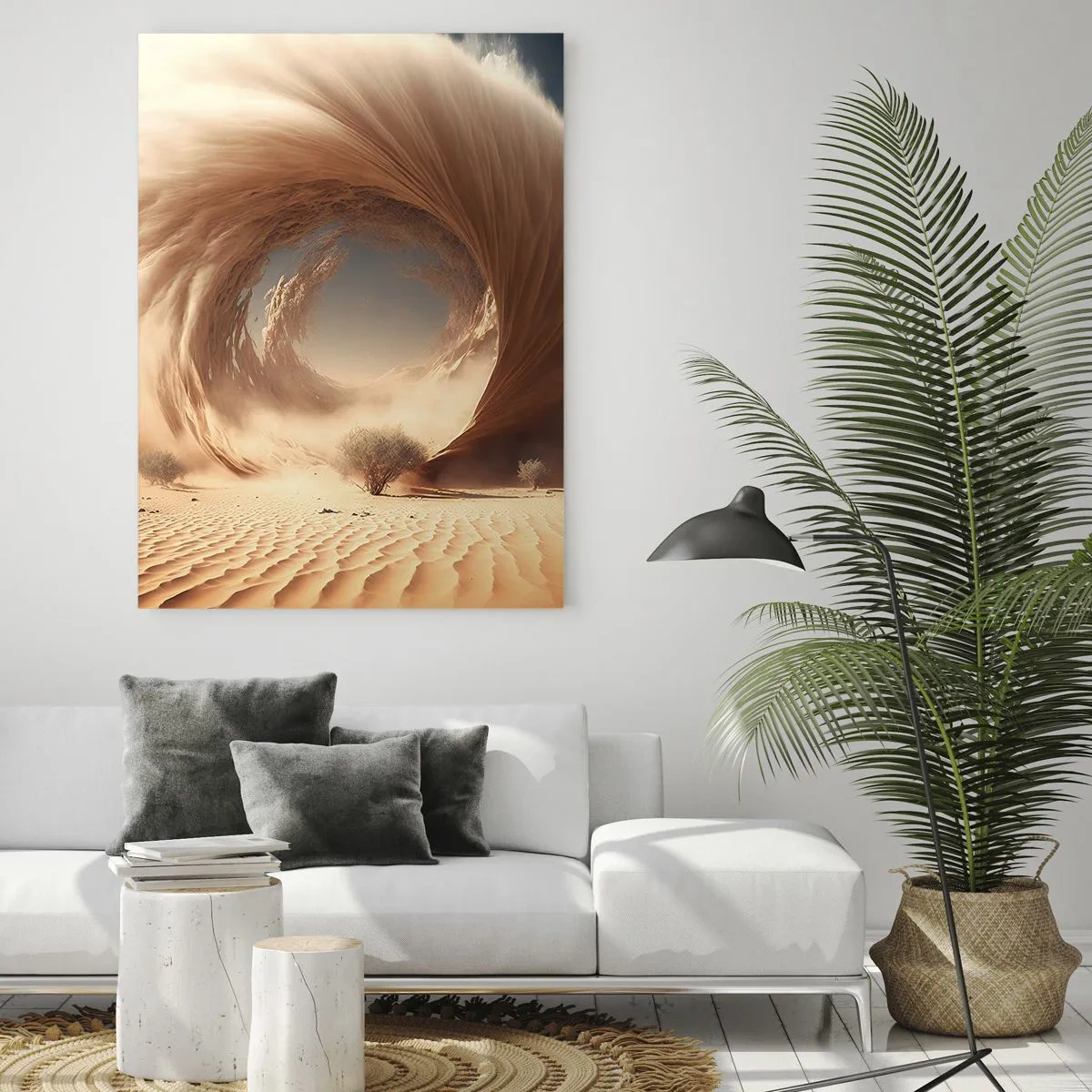 Impression sur verre - Image sur verre - Tourbillon de sable dynamique dans un désert avec des arbres - 70x100cm - Portail ouvert - Décoration murale moderne pour le salon et la chambre ARTTOR