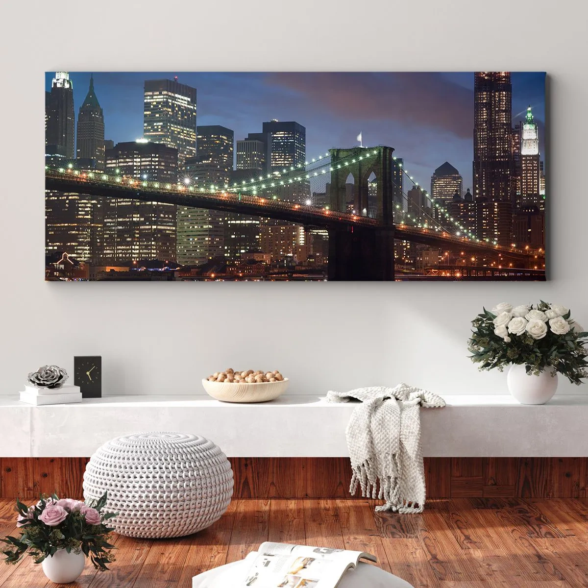 Impression sur toile - Image sur toile - Pont de New York la nuit avec bâtiments illuminés - 160x50cm - Nuit rougeoyante - Décoration murale moderne pour le salon et la chambre ARTTOR