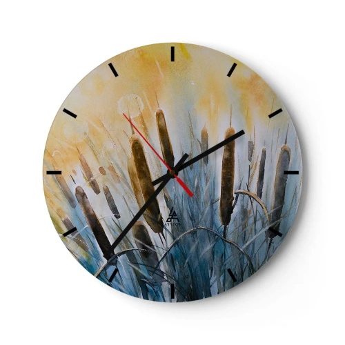 Horloge murale - Pendule murale - Roseaux picturaux aux couleurs chaudes du coucher de soleil - 30x30cm - Fraicheur de l'eau, chaleur du soleil - Décoration murale moderne pour le salon, la cuisine et la chambre ARTTOR