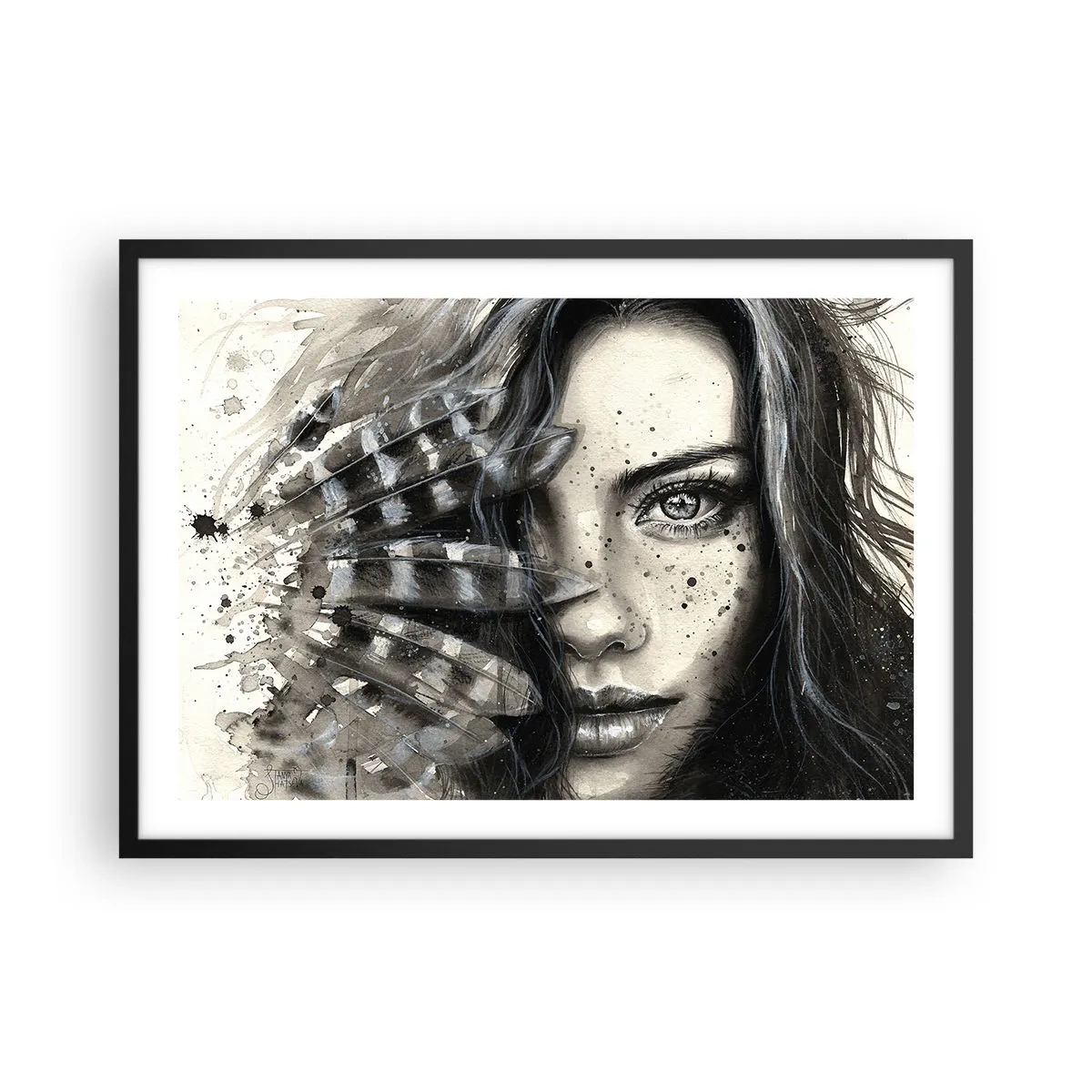 Affiche dans un cadre noir - Poster - Portrait artistique d'une femme avec des détails abstraits - 70x50cm - Beauté sauvage - Décoration murale moderne pour le salon et la chambre ARTTOR