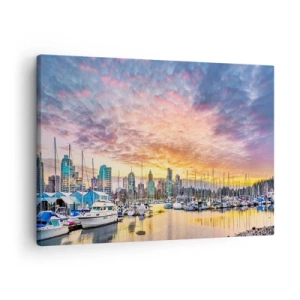 Impression sur toile - Image sur toile - Marina avec yachts et paysage urbain au coucher du soleil - 70x50cm - La cité aux mille marins - Décoration murale moderne pour le salon et la chambre ARTTOR