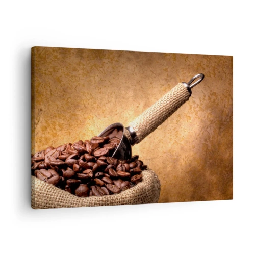 Impression sur toile - Image sur toile - Grains de café dans un sac en jute avec une cuillère en métal - 70x50cm - A la source de la saveur - Décoration murale moderne pour le salon et la chambre ARTTOR