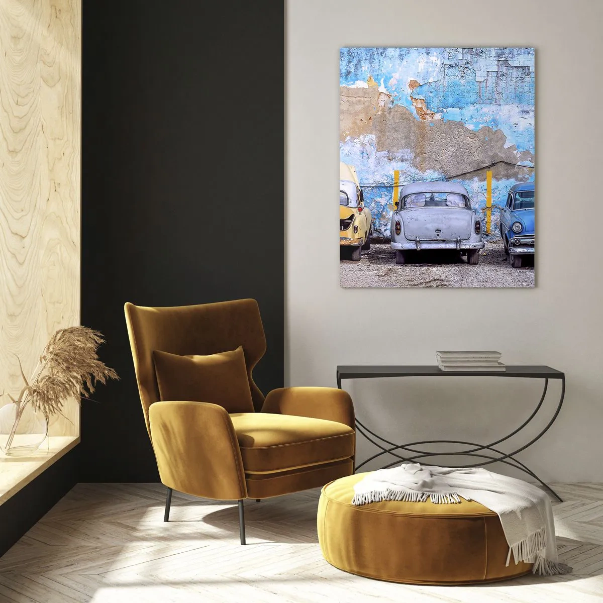 Impression sur verre - Image sur verre - Voitures anciennes sur fond de mur en ruine - 50x70cm - Rencontre de vétérans - Décoration murale moderne pour le salon et la chambre ARTTOR