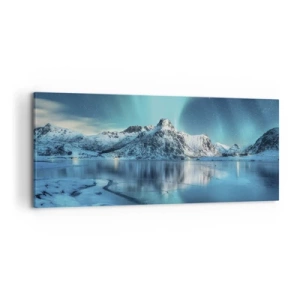 Impression sur toile - Image sur toile - Aurore boréale sur des montagnes enneigées et un lac - 120x50cm - Nuit de lumières - Décoration murale moderne pour le salon et la chambre ARTTOR