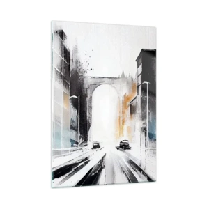 Impression sur verre - Image sur verre - Une rue de ville dynamique avec des voitures et une arche en arrière-plan dans un style pictural. - 50x70cm - Étude de ville : architecture et mouvement - Décoration murale moderne pour le salon et la chambre ARTTO