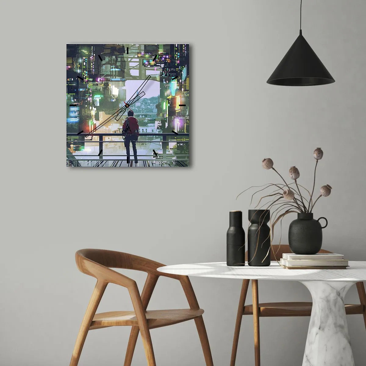 Horloge murale - Pendule murale - Une silhouette dans une ville futuriste avec des néons - 30x30cm - Deux mondes - Décoration murale moderne pour le salon et la chambre ARTTOR