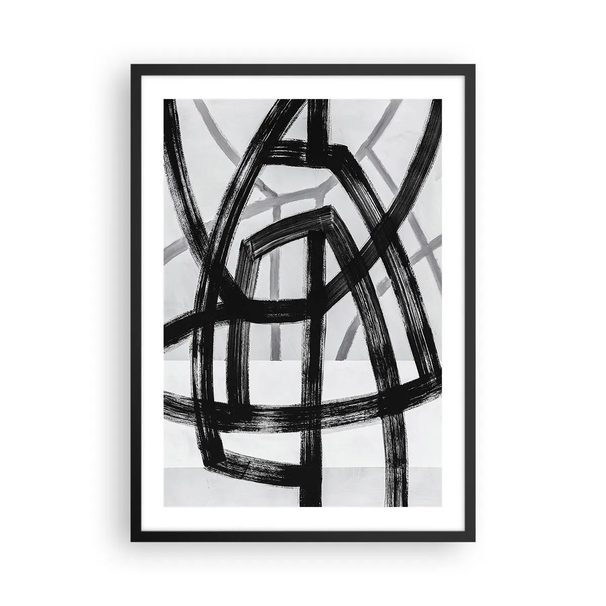 Affiche dans un cadre noir - Poster - Lignes géométriques noires sur fond clair dans une composition abstraite - 50x70cm - Profondeur du bâtiment - Décoration murale moderne pour le salon et la chambre ARTTOR