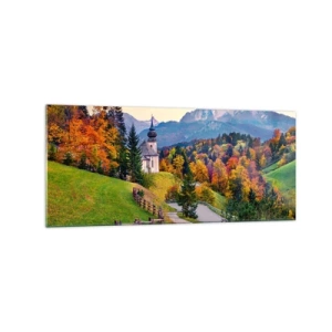 Impression sur verre - Image sur verre - Paysage de montagne d'automne avec une chapelle et un coucher de soleil - 120x50cm - Paysage comme peind - Décoration murale moderne pour le salon et la chambre ARTTOR