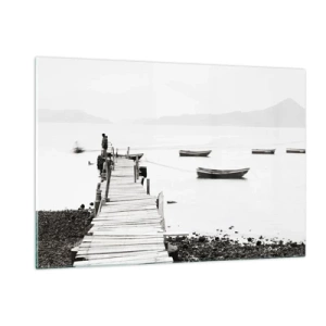 Impression sur verre - Image sur verre - Vue en noir et blanc d'une jetée en bois sur un lac - 120x80cm - Calme et propre au bord de l'eau - Décoration murale moderne pour le salon et la chambre ARTTOR