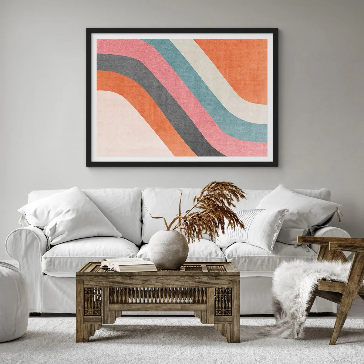 Affiche dans un cadre noir - Poster - Rayures rétro colorées - 100x70cm - Composition diagonale – mouvement - Décoration murale moderne pour le salon et la chambre ARTTOR